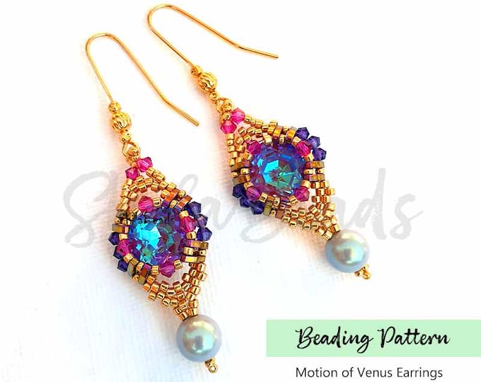 Beaded Earrings Pattern PDF • Peyote Stitch Jewelry Tutorial • Crystal Cushion Seed Bead Earrings • Delica Beading Pattern