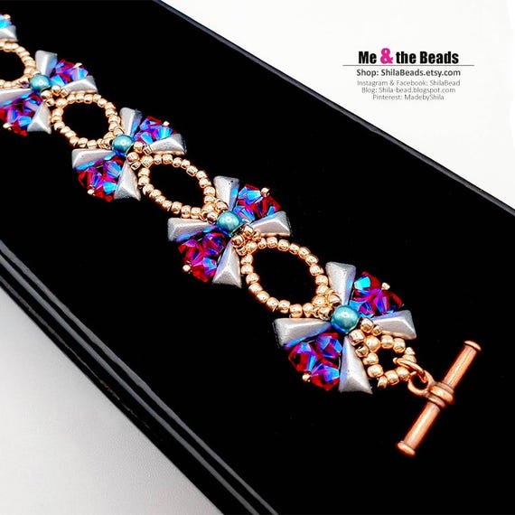 Pattern Tutorial - Jewelry Making, Beaded Bracelet with seed beads, Vexolo beads, crystals and pearls - Moulin Rouge Bracelet No. 24