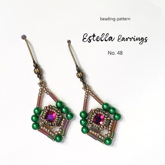Pattern Tutorial - Jewelry making, Beaded Earrings with seed beads, delica beads, fancy crystals and pearls - Estella Earrings No. 48