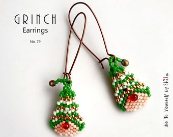 Beading Pattern - Step by step INSTANT downloadable PDF - Beaded Earrings Charm - Grinch No 79