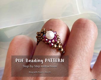 Beading Pattern Tutorial • Step by step INSTANT download PDF • Ring with Pearl