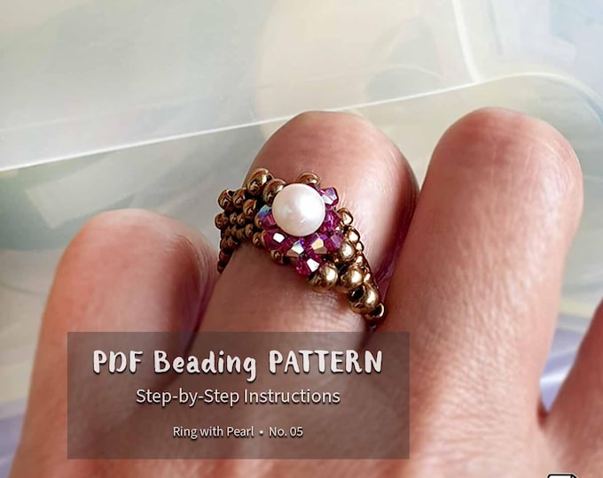 Beading Pattern Tutorial • Step by step INSTANT download PDF • Ring with Pearl