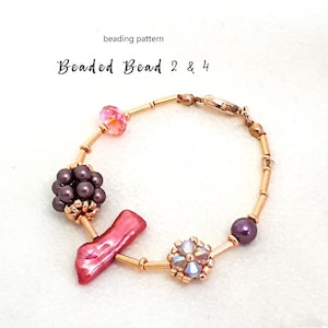 May include: A handmade bracelet with a gold chain and various beads. The bracelet features a cluster of dark purple beads, a pink irregular-shaped bead, and a flower-shaped bead. The text "beading pattern" and "Beaded Bead 2 & 4" are visible.