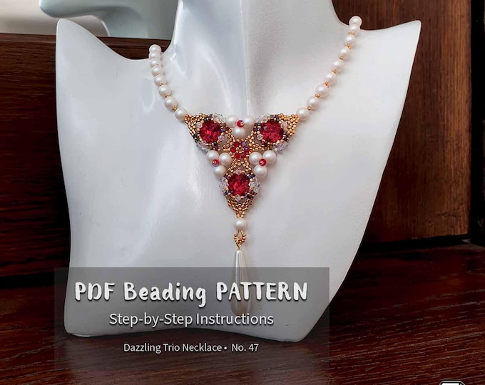 Beaded Statement Necklace Pattern | Peyote Stitch, Crystal Cabochon, Pearls & Delica Beads