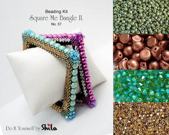Jewellery making Kit - Beading Kit with Cube, Czech Cabochons and Crystals Bicone beads - Square Me Bangle II. No 57 - Gold/Peridot