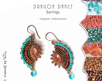 Jewelry making Kit - Beading Kit with Japanese seed beads and crystals - Dragon Dance Earrings No. 18 Turquoise / Peach