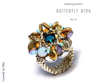 Beading Pattern Tutorial Step by step INSTANT download PDF - Butterfly asymmetric Ring No 25