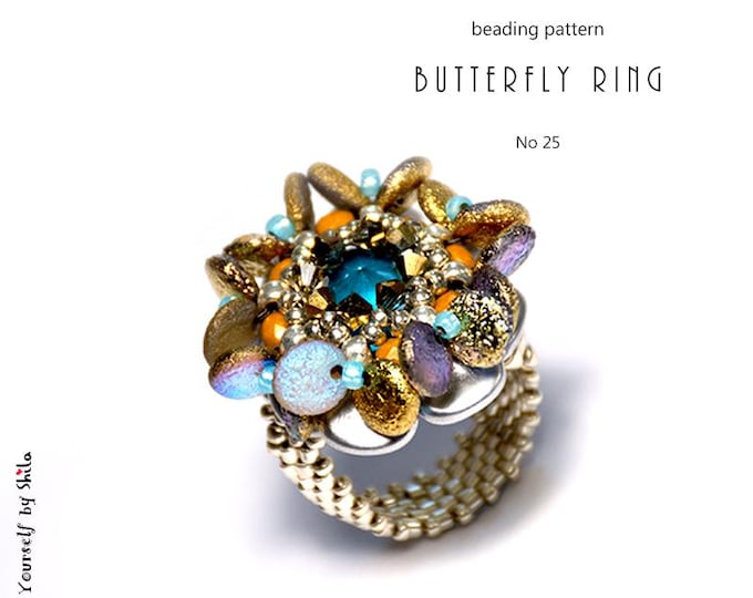 Beading Pattern Tutorial Step by step INSTANT download PDF - Butterfly asymmetric Ring No 25