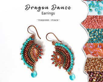 Kit Jewelry making for Earrings with high quality Japanese beads and Crystals - Dragon Dance *TURQUOISE/PEACH* color version