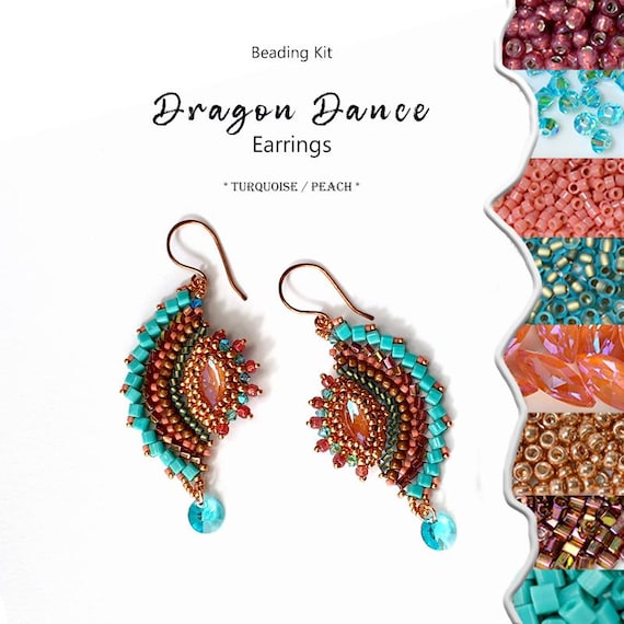 Kit Jewelry making for Earrings with high quality Japanese beads and Crystals - Dragon Dance *TURQUOISE/PEACH* color version