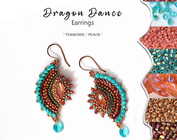 Kit Jewelry making for Earrings with high quality Japanese beads and Crystals - Dragon Dance *TURQUOISE/PEACH* color version