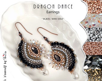 Jewelry making Kit - Beading Kit with Japanese seed beads and crystals - Dragon Dance Earrings No. 18 Black Diamond / Rose Gold