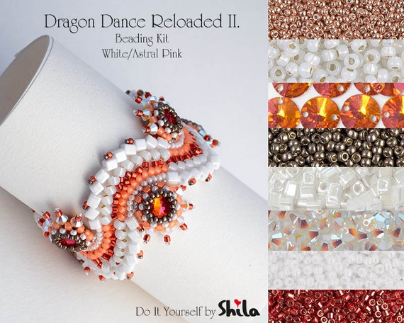 Jewellery making Kit - Beading Kit with Miyuki Cube and Swarovski Rivoli 10 mm, Dragon Dance Reloaded II. Bracelet No. 27 White/Astral Pink