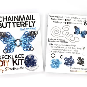 A photo showing the front and back of the blue morpho version of this DIY kit. The front shows a finished butterfly and the material of the jump rings included, anodized aluminum. The back of the booklet shows the project will take 1 to 2 hours and requires two pairs of flat faced pliers (not included). The challenge level for this project is intermediate due to the small nature of the rings.