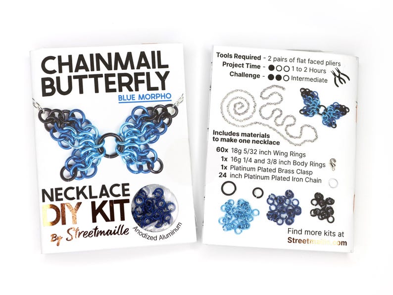 A photo showing the front and back of the blue morpho version of this DIY kit. The front shows a finished butterfly and the material of the jump rings included, anodized aluminum. The back of the booklet shows the project will take 1 to 2 hours and requires two pairs of flat faced pliers (not included). The challenge level for this project is intermediate due to the small nature of the rings.