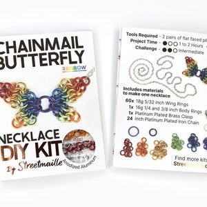 A photo showing the front and back of the rainbow version of this DIY kit. The front shows a finished butterfly and the material of the jump rings included, anodized aluminum. The back of the booklet shows the project will take 1 to 2 hours and requires two pairs of flat faced pliers (not included). The challenge level for this project is intermediate due to the small nature of the rings.