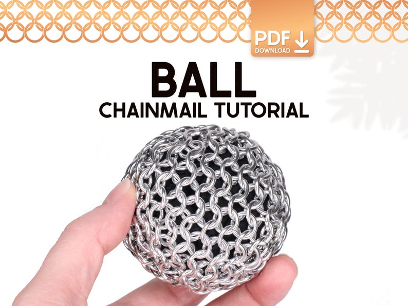 A finished chainmail ball made with silver jump rings and filled with black cotton cloth. This digital PDF tutorial has detailed instructions and photos to show you how to craft European 4 in 1 chainmail and finish it into a fun fantasy ball. This a great beginner friendly project to get started making chainmail items, and the balls make a great DIY gift.