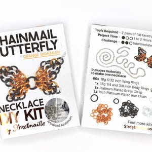 A photo showing the front and back of the orange monarch version of this DIY kit. The front shows a finished butterfly and the material of the jump rings included, anodized aluminum. The back of the booklet shows the project will take 1 to 2 hours and requires two pairs of flat faced pliers (not included). The challenge level for this project is intermediate due to the small nature of the rings.