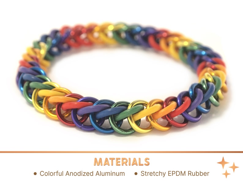 A rainbow colored chainmail bracelet made of colorful anodized aluminum and stretchy EPDM rubber.