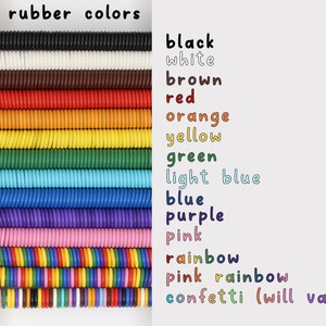 A photo of the rubber color options available for this chainmail bracelet including: black, white, brown, red, orange, yellow,  green, light blue, blue, purple, pink, pink rainbow, rainbow, and confetti (a random mix of colors).