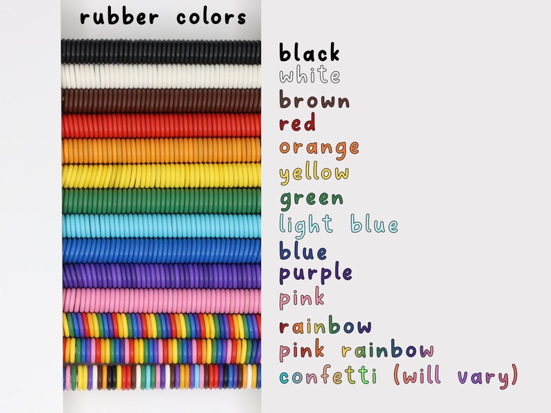 A photo of the rubber color options available for this chainmail bracelet including: black, white, brown, red, orange, yellow,  green, light blue, blue, purple, pink, pink rainbow, rainbow, and confetti (a random mix of colors).