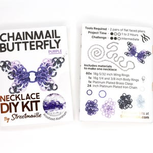 A photo showing the front and back of the purple version of this DIY kit. The front shows a finished butterfly and the material of the jump rings included, anodized aluminum. The back of the booklet shows the project will take 1 to 2 hours and requires two pairs of flat faced pliers (not included). The challenge level for this project is intermediate due to the small nature of the rings.