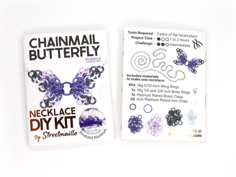 A photo showing the front and back of the purple version of this DIY kit. The front shows a finished butterfly and the material of the jump rings included, anodized aluminum. The back of the booklet shows the project will take 1 to 2 hours and requires two pairs of flat faced pliers (not included). The challenge level for this project is intermediate due to the small nature of the rings.
