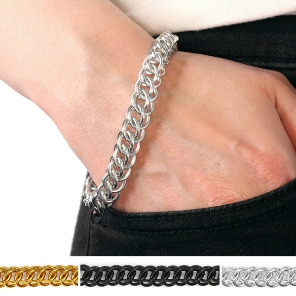 Chunky Chain Bracelet | Unisex Chainmail Bracelet Handmade in Your Size from Gold, Silver, or Black Anodized Aluminum