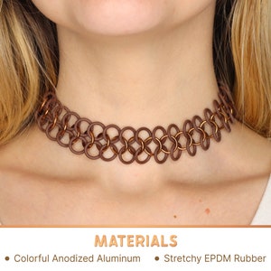 A brown oversized tattoo choker. The choker necklace made of colorful anodized aluminum and stretchy EPDM rubber.
