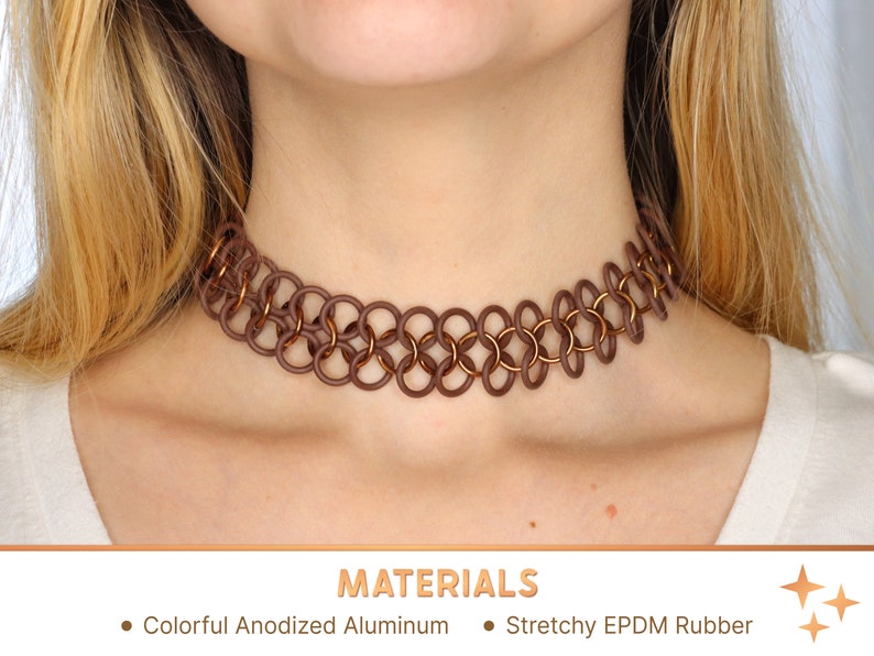 A brown oversized tattoo choker. The choker necklace made of colorful anodized aluminum and stretchy EPDM rubber.