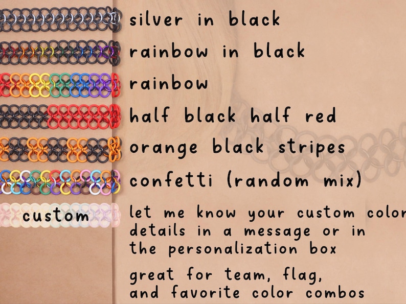 A stack of all the multi color oversized tattoo choker options including: silver in black (the center metal rings are silver and the rubber rings on the edges are black), Rainbow in black, Rainbow, half black half red, orange and black stripes (alternating chunks of orange and black), and confetti (a random mix of colors). Custom necklaces are also available, let me know your custom details in a message or the personalization box. Great for team, flag, and favorite color combos.