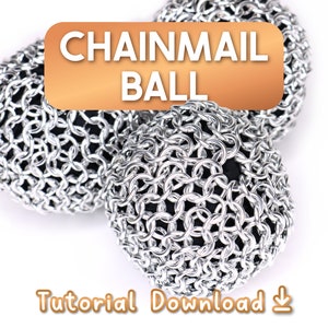 Three chainmail balls resting on a white table. This digital PDF tutorial has detailed instructions and photos to show you how to weave a European 4 in 1 chainmail sheet and finish it into a ball.