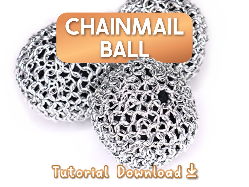 Three chainmail balls resting on a white table. This digital PDF tutorial has detailed instructions and photos to show you how to weave a European 4 in 1 chainmail sheet and finish it into a ball.