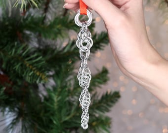 Spiral Icicle Ornament | Handmade Chainmail Christmas Ornament for Winter Holiday Decor in Silver Anodized Aluminum Metal