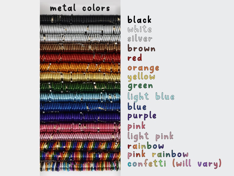 A photo of the anodized aluminum color options available for this chainmail bracelet including: black, white, silver, gold, brown, red, orange, yellow,  green, light blue, blue, purple, light pink, pink, pink rainbow, rainbow, and confetti (a random mix of colors).