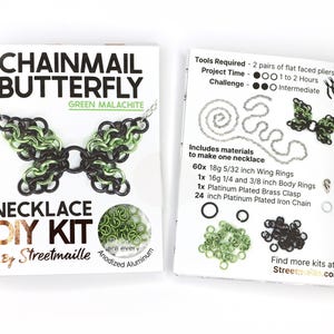 A photo showing the front and back of the green malachite version of this DIY kit. The front shows a finished butterfly and the material of the jump rings included, anodized aluminum. The back of the booklet shows the project will take 1 to 2 hours and requires two pairs of flat faced pliers (not included). The challenge level for this project is intermediate due to the small nature of the rings.