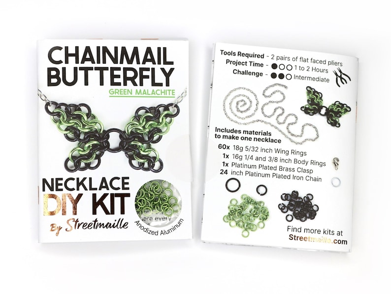 A photo showing the front and back of the green malachite version of this DIY kit. The front shows a finished butterfly and the material of the jump rings included, anodized aluminum. The back of the booklet shows the project will take 1 to 2 hours and requires two pairs of flat faced pliers (not included). The challenge level for this project is intermediate due to the small nature of the rings.