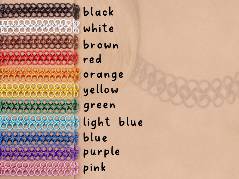 A stack of all the solid color oversized tattoo choker options including: black, white, brown, red, orange, yellow, green, light blue, blue, purple, and pink.