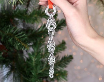 Spiral Icicle Ornament - Chainmail Winter Home Décor Handmade from Silver Anodized Aluminum