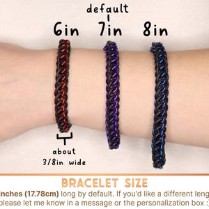 Three stretchy chain bracelets of different lengths on a models arm. Each chainmail bracelet is about 3/8 inch wide. These bracelets are 7 inches long by default, if you'd like a different length please let me know in a message or the personalization box.