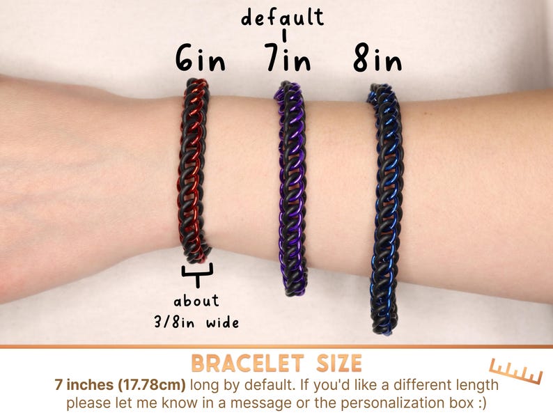 Three stretchy chain bracelets of different lengths on a models arm. Each chainmail bracelet is about 3/8 inch wide. These bracelets are 7 inches long by default, if you'd like a different length please let me know in a message or the personalization box.