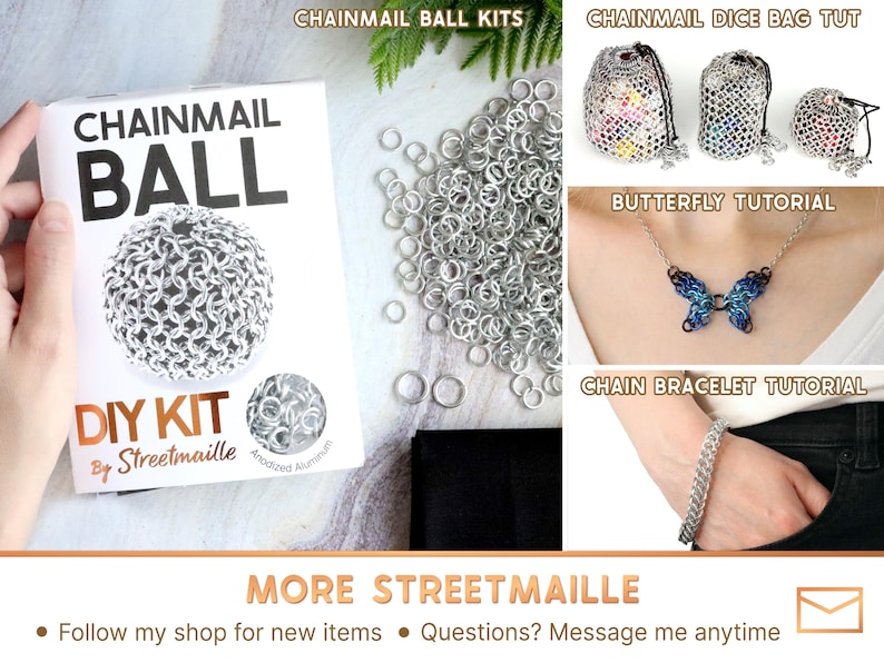 See more chainmail items on the Streetmaille store page, including a DIY kit version of this project with a printed tutorial and supplies, and more. Feel free to message me any time if you have any questions.