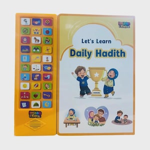 May include: A yellow electronic learning toy with a book titled "Let's Learn Daily Hadith." The book features illustrations of children and a trophy. The toy has buttons with various icons and the brand name "Imaan Kidz."