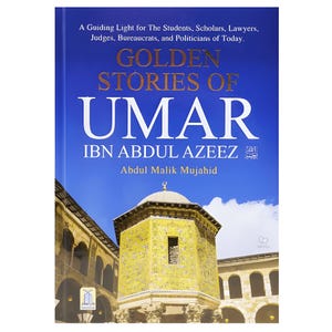Puede incluir: Portada de libro con el título "GOLDEN STORIES OF UMAR" en letras doradas sobre un fondo de cielo azul. El libro es de Ibn Abdul Azeez y Abdul Malik Mujahid. La imagen incluye un edificio dorado.