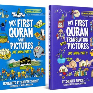 Op de afbeelding: Twee hardcover boeken getiteld "My First Quran with Pictures" en "My First Quran Translation with Pictures". De boeken hebben kleurrijke illustraties en tekst, met "Juz' Amma Part 1" en "Juz' Amma Part 2" prominent weergegeven. De covers zijn blauw en paars.