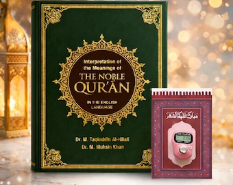 May include: A green hardback book titled "Interpretation of the Meanings of The Noble Qur'an in the English Language" with gold accents. Includes a free pink digital tasbeeh counter. The book is by Dr. M. Taqiuddin Al-Hilali and Dr. M. Muhsin Khan.
