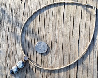 Sajen Sterling silver dendritic opal pendant spiral necklace chain 18" black white