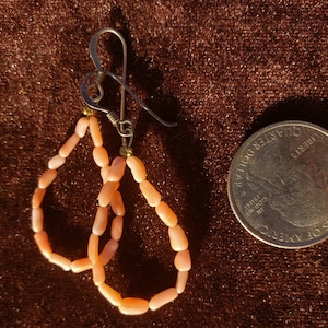 Sterling silver natural undyed pink coral bead earrings 2&quot; long vintage rice oblong