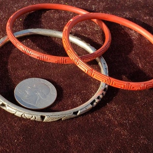 LOT 3 vintage carved cinnabar red lacquer bangle bracelet sterling silver pierced engraved flowers leaves small medium large
