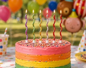 Rainbow Spiral Birthday Candles, Colorful Wavy Cake Candles, Fun Metallic Party Candles, Bright Birthday Cake Decor, Modern Celebration